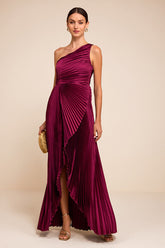 Adaya Magenta Satin Pleated One-Shoulder Maxi Dress