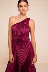 Adaya Magenta Satin Pleated One-Shoulder Maxi Dress