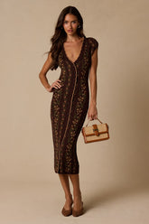 Savanna Brown Floral Button-Front Sweater Midi Dress