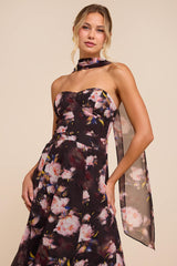 Lucien Black Floral Strapless Midi Dress & Scarf Set