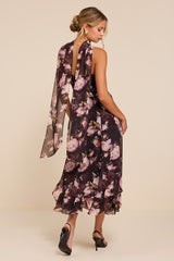 Lucien Black Floral Strapless Midi Dress & Scarf Set