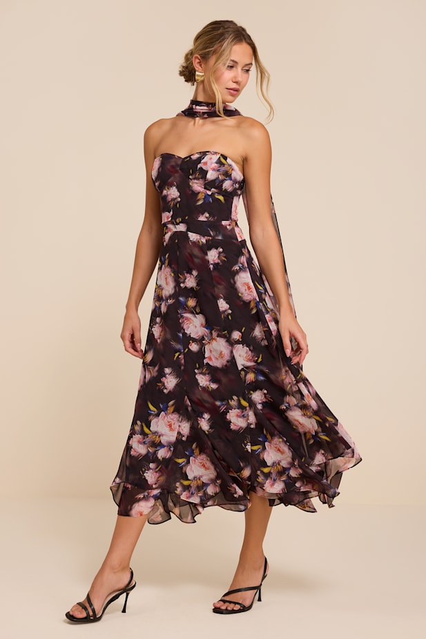 Lucien Black Floral Strapless Midi Dress & Scarf Set