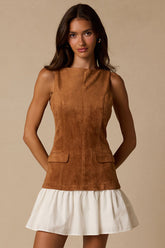 Rana Light Brown Suede Drop Waist Mini Dress