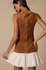 Rana Light Brown Suede Drop Waist Mini Dress