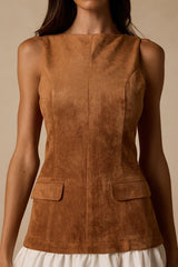 Rana Light Brown Suede Drop Waist Mini Dress