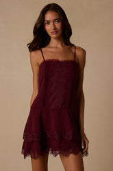 Sahima Wine Red Lace Tiered Mini Dress