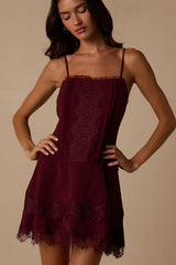 Sahima Wine Red Lace Tiered Mini Dress