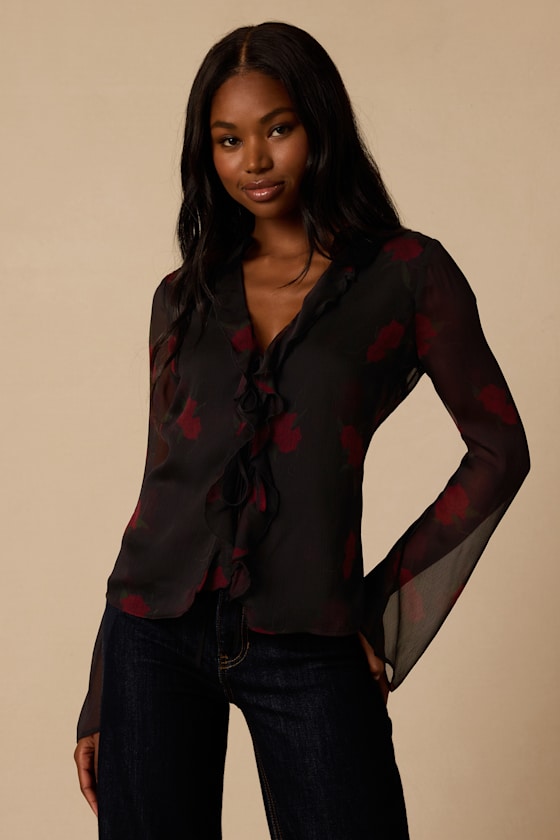 Acosta Black Floral Ruffled Long Sleeve Top