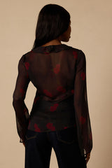 Acosta Black Floral Ruffled Long Sleeve Top