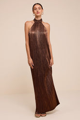 Marta Bronze Metallic Pleated Backless Maxi Dress