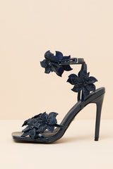 Romi Navy Blue Beaded Flower Heels