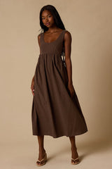 Shalena Brown Polka Dot Side-Tie Midi Dress