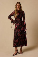 Gabriela Black Floral Long Sleeve Midi Dress