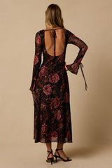 Gabriela Black Floral Long Sleeve Midi Dress