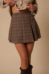 Bennington Taupe Plaid Pleated Mini Skirt