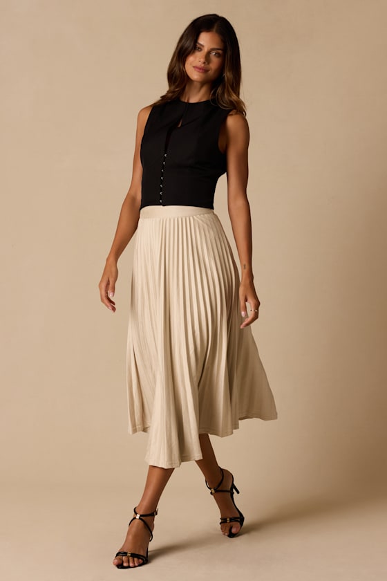 Raylie Beige Suede Pleated Midi Skirt