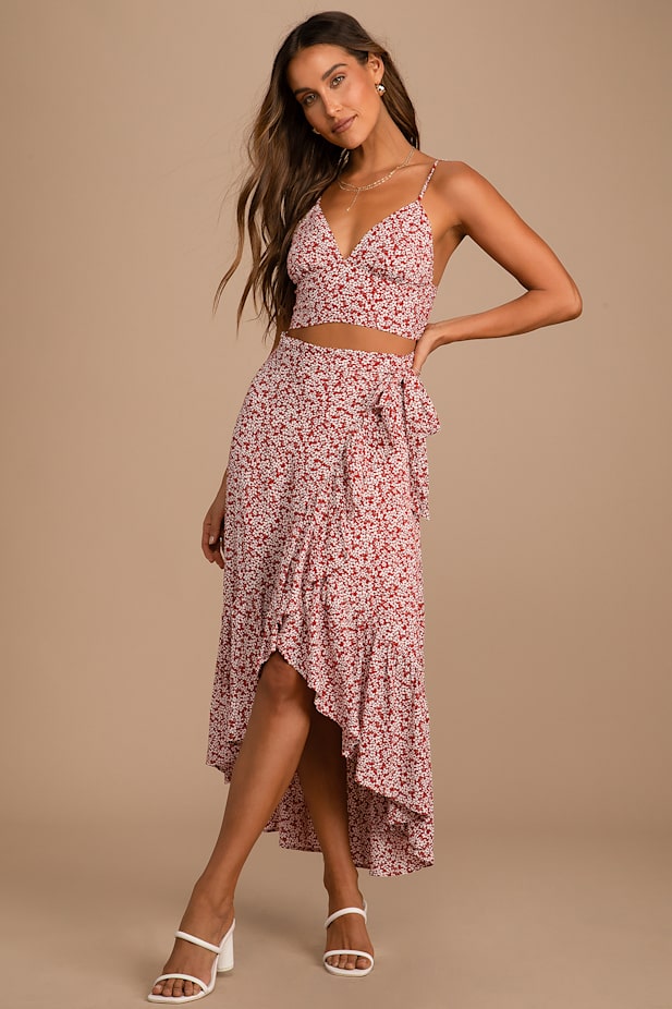 Summer Romance Rust Brown Floral Print Two-Piece Midi Dress