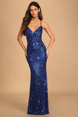 Photo Finish Royal Blue Sequin Lace-Up Maxi Dress