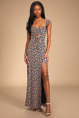 The Way to Love Navy Blue Floral Print Ruffled Maxi Dress