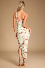 Stun and Only Sage Floral Print Ruched Mesh Bodycon Midi Dress