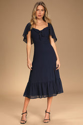 Only Lovers Navy Blue Swiss Dot Short Cape Sleeve Midi Dress