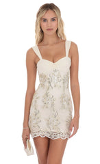 Gold Thread Floral Sequin Dress in Ivory