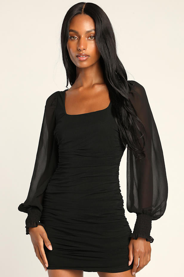 Perfect Sensation Black Mesh Ruched Puff Sleeve Mini Dress