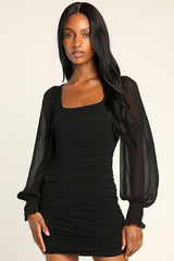 Perfect Sensation Black Mesh Ruched Puff Sleeve Mini Dress