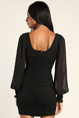 Perfect Sensation Black Mesh Ruched Puff Sleeve Mini Dress
