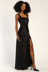 Red Carpet Romance Black Satin Square Neck Maxi Dress
