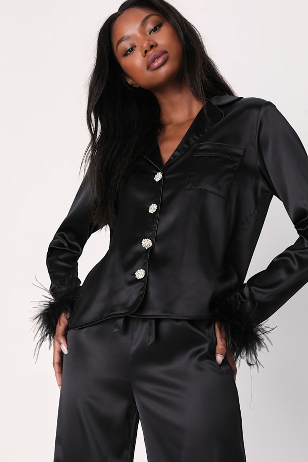 Dreamiest Delight Black Satin Feather Two-Piece Pajama Set