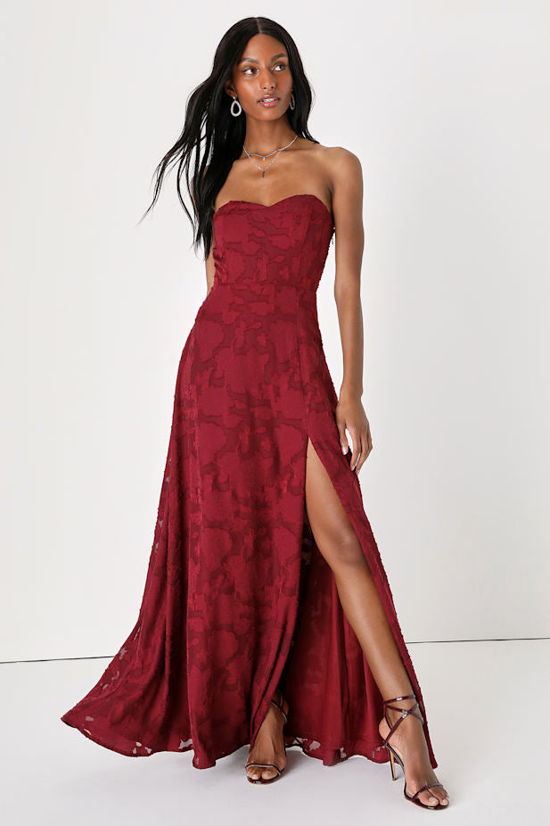 Garden of Romance Burgundy Floral Burnout Strapless Maxi Dress