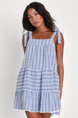 Chic in Santorini Blue and White Tie-Strap Dress With Pockets