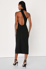 Keep It Interesting Black Asymmetrical Cutout Halter Midi Dress
