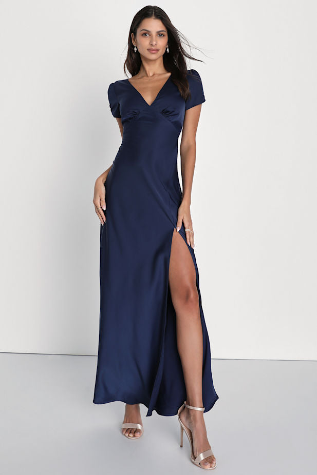 Epitome of Romance Navy Blue Satin Puff Sleeve Maxi Dress