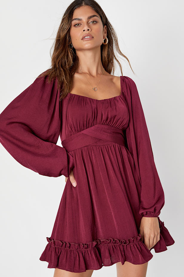 Vision of Charm Plum Purple Satin Long Sleeve Skater Mini Dress