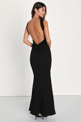 Alluring Temptation Black Backless Ruched Mermaid Maxi Dress