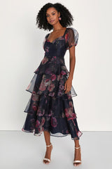 Oh-So Stunning Navy Blue Floral Organza Tiered Midi Dress