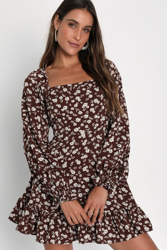 Coy Charm Brown Floral Print Long Sleeve Mini Dress