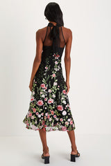 Blossoming Energy Black Floral Embroidered Halter Midi Dress
