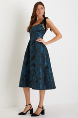 Beyond Graceful Black Floral Jacquard Velvet Tie-Strap Midi Dres