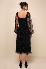Darling Charisma Black Mesh Embroidered Midi Dress