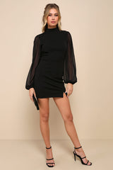 Exceptionally Flirty Black Long Sleeve Backless Mini Dress