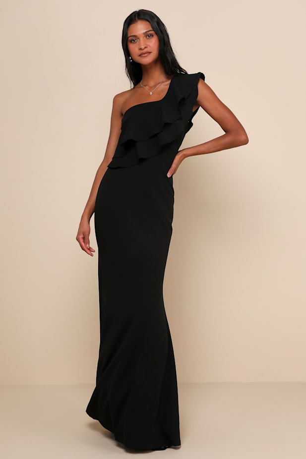 Grand Beauty Black Ruffled One-Shoulder Mermaid Maxi Dress