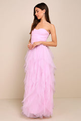 Delightful Beauty Pink Mesh Strapless Ruched Ruffled Maxi Dress