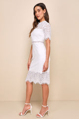 Remarkable White Sheer Lace Short Sleeve Mini Dress