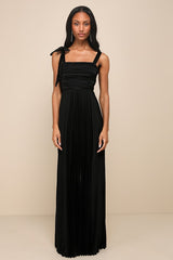 Gorgeous Purpose Black Satin Pleated Sleeveless Bow Maxi Dress