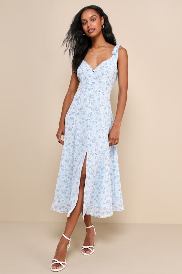 Charismatic Persona Light Blue Floral Tie-Strap Midi Dress