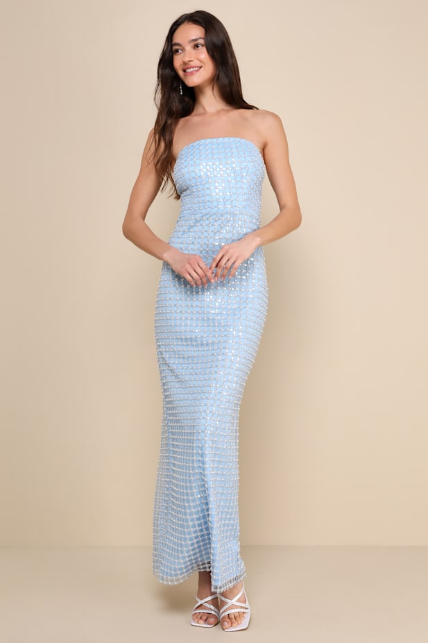 Perfectly Luxurious Light Blue Pearl Strapless Maxi Dress