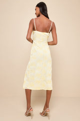 Lovely Existence Light Yellow Embroidered Cowl Neck Midi Dress